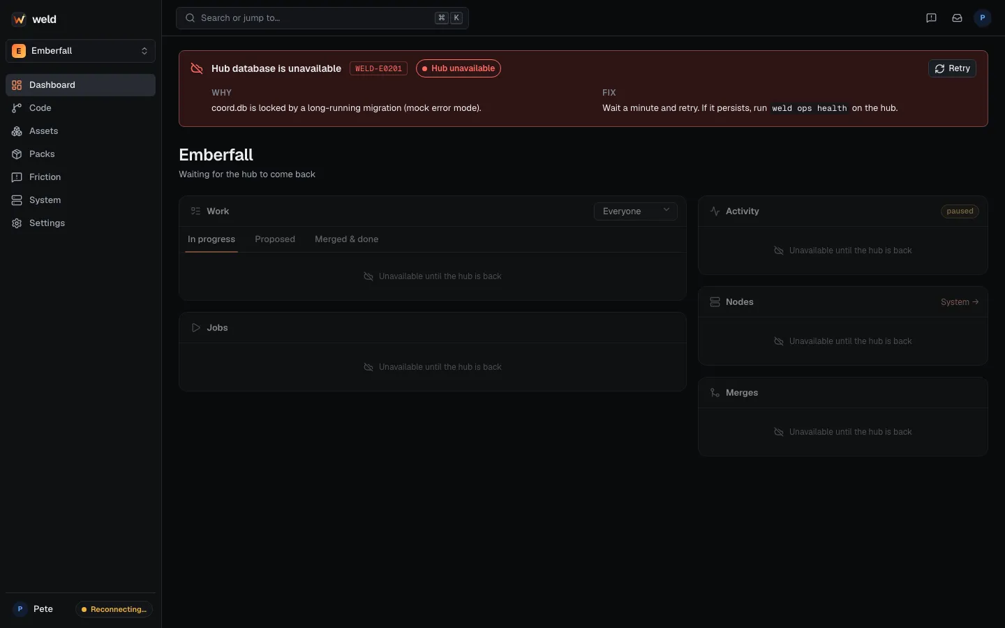 The dashboard while the hub is unreachable: a clear banner, cached data and what still works.