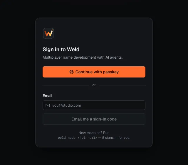 The hub’s sign-in page: passkey first, or an emailed code.