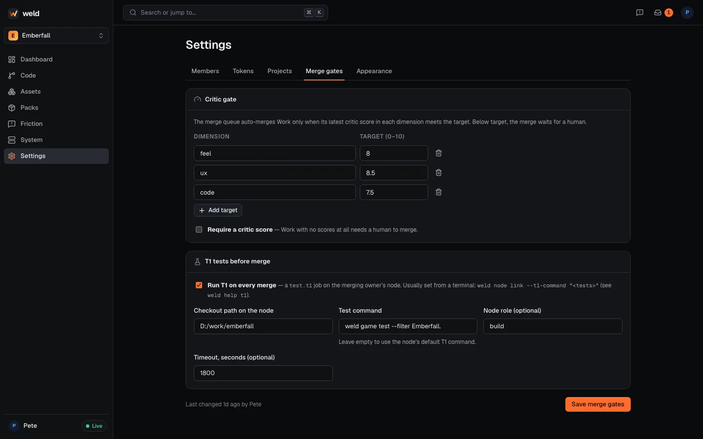 Settings → Merge gates: critic targets per dimension and the T1 test command.